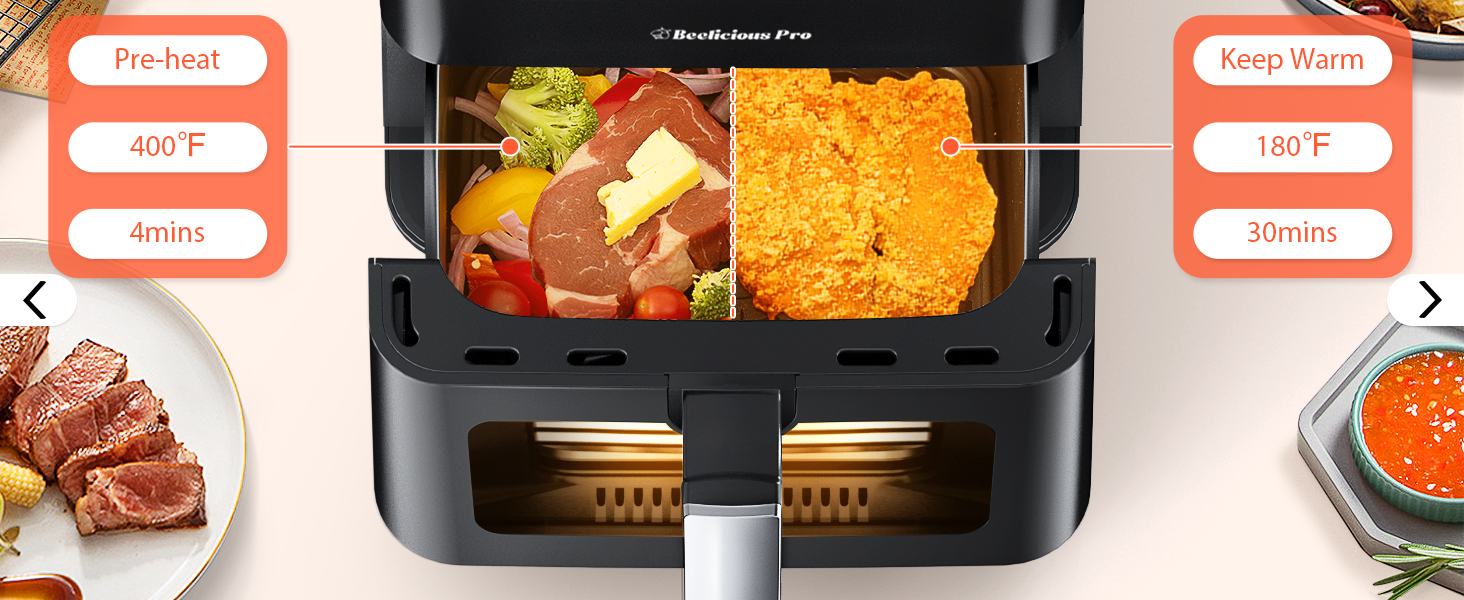 Beelicious Large Air Fryer, 12-in-1 Digital Airfryer with Window, 5.8Qt, 40+ Recipes, Flavor-Lock Tech, Dishwasher Safe,Shake Reminder, Compact, Quiet, Nonstick Air Fryers. Black detail 8