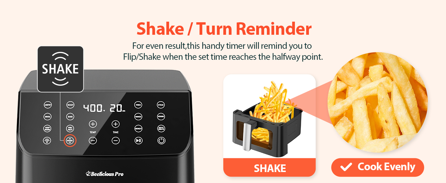 Beelicious Large Air Fryer, 12-in-1 Digital Airfryer with Window, 5.8Qt, 40+ Recipes, Flavor-Lock Tech, Dishwasher Safe,Shake Reminder, Compact, Quiet, Nonstick Air Fryers. Black detail 10