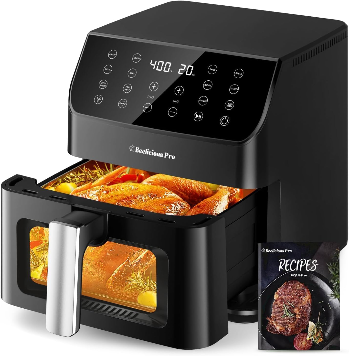 Beelicious Large Air Fryer, 12-in-1 Digital Airfryer with Window, 5.8Qt, 40+ Recipes, Flavor-Lock Tech, Dishwasher Safe,Shake Reminder, Compact, Quiet, Nonstick Air Fryers. Black detail 17