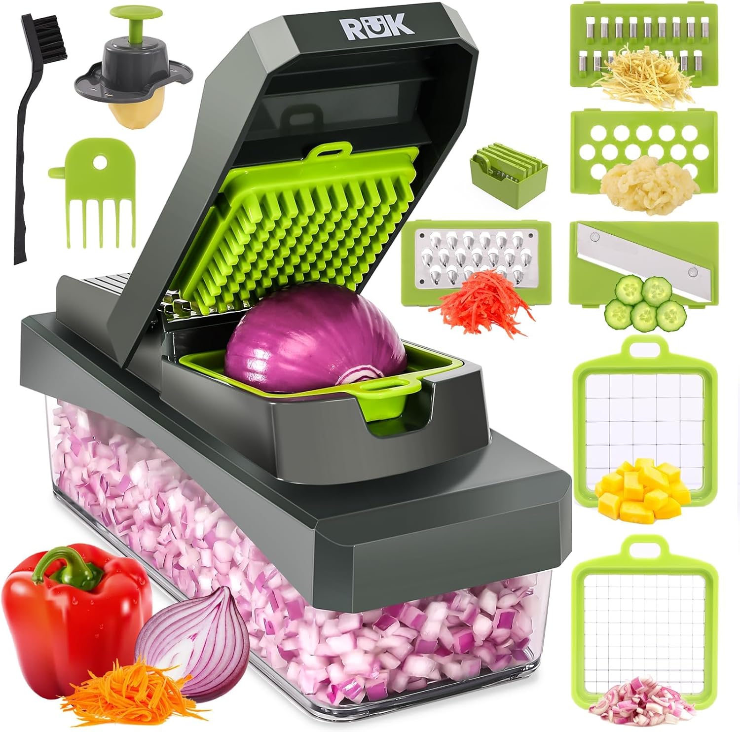 RüK 10-in-1 Vegetable Chopper - 6 Blade Veggie Chopper with Container, Food