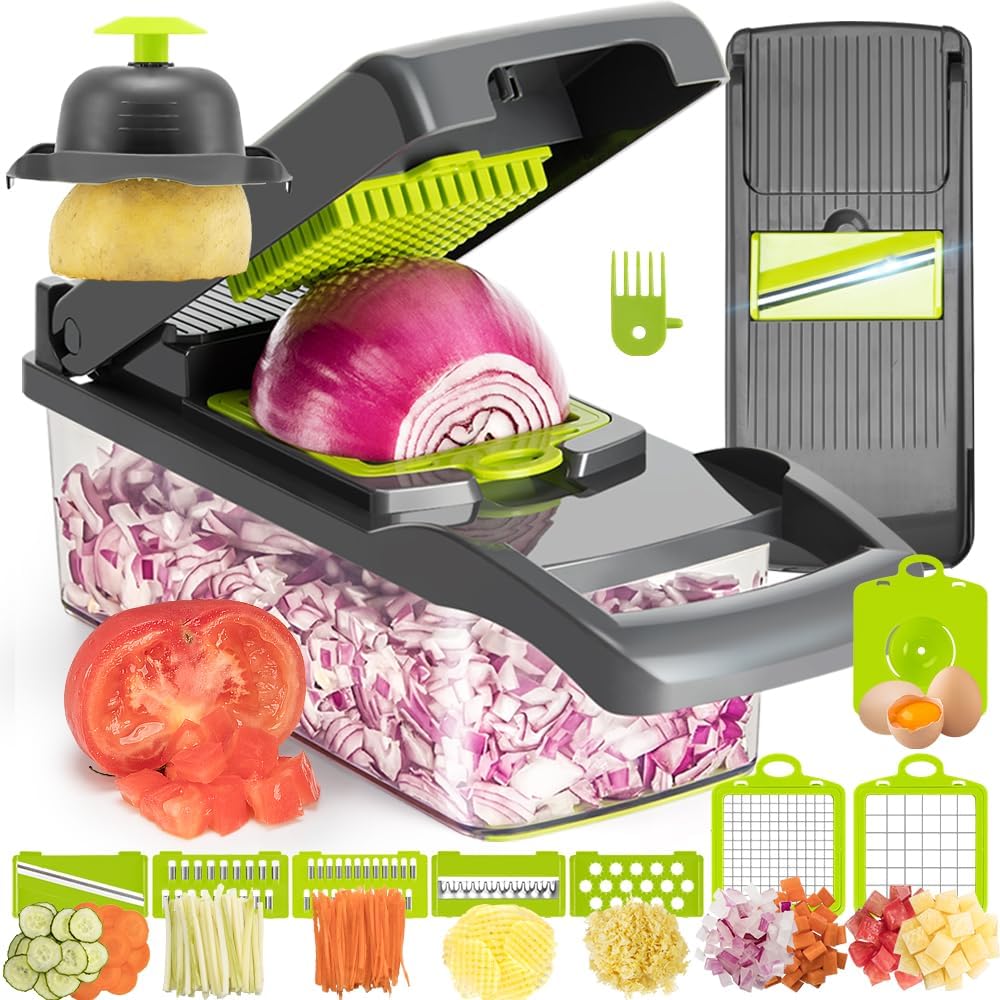 KEOUKE Vegetable Chopper Mandoline Slicer Grey - 12 in 1 Interchangeable Blades