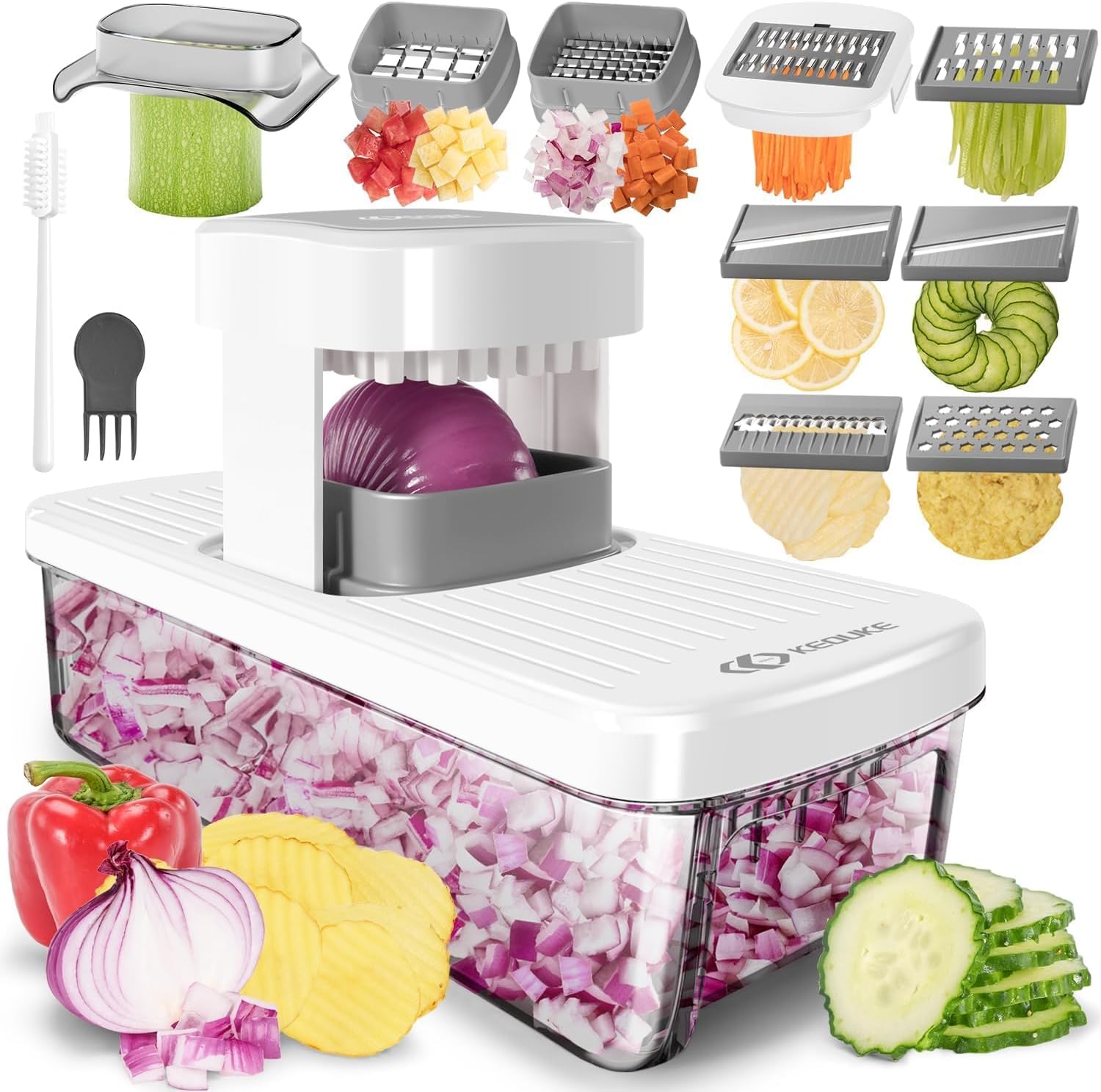 KEOUKE 8-in-1 Vertical Vegetable Chopper Mandoline Slicer with Container White