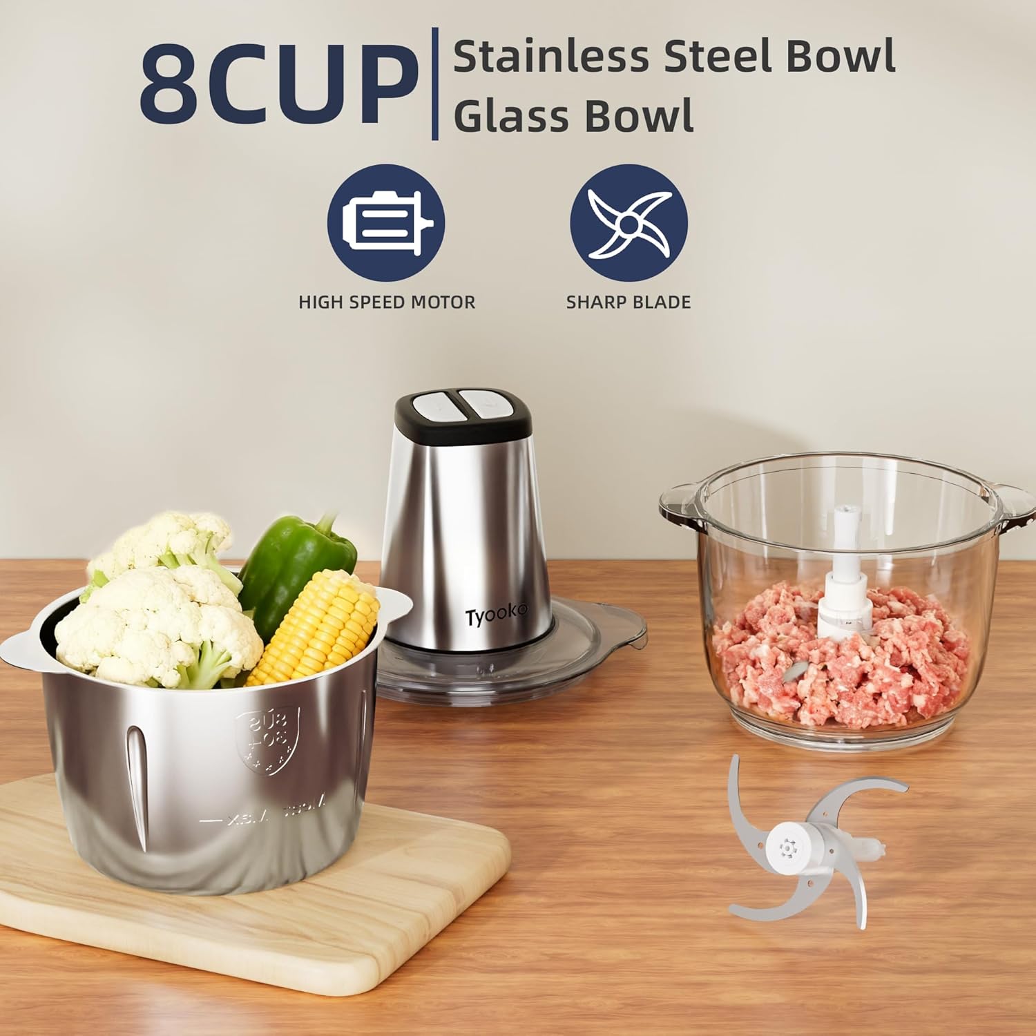 Electric Food Processor Vegetable Chopper, Easy Clean Meat Grinder with 2 Bowls - View 3