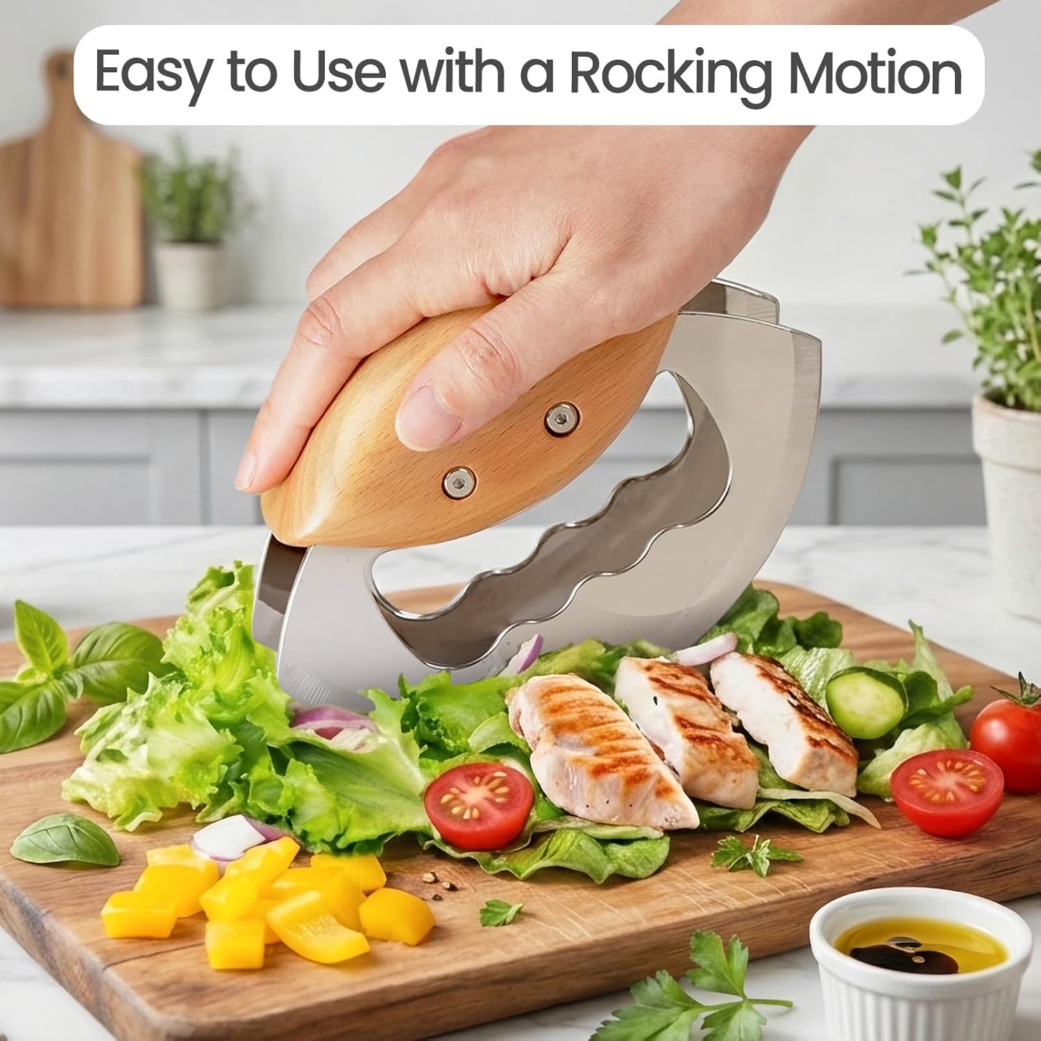 Salad Chopper Tools with Protective Cover, Sharp Mezzaluna Chopping Knife, - View 3