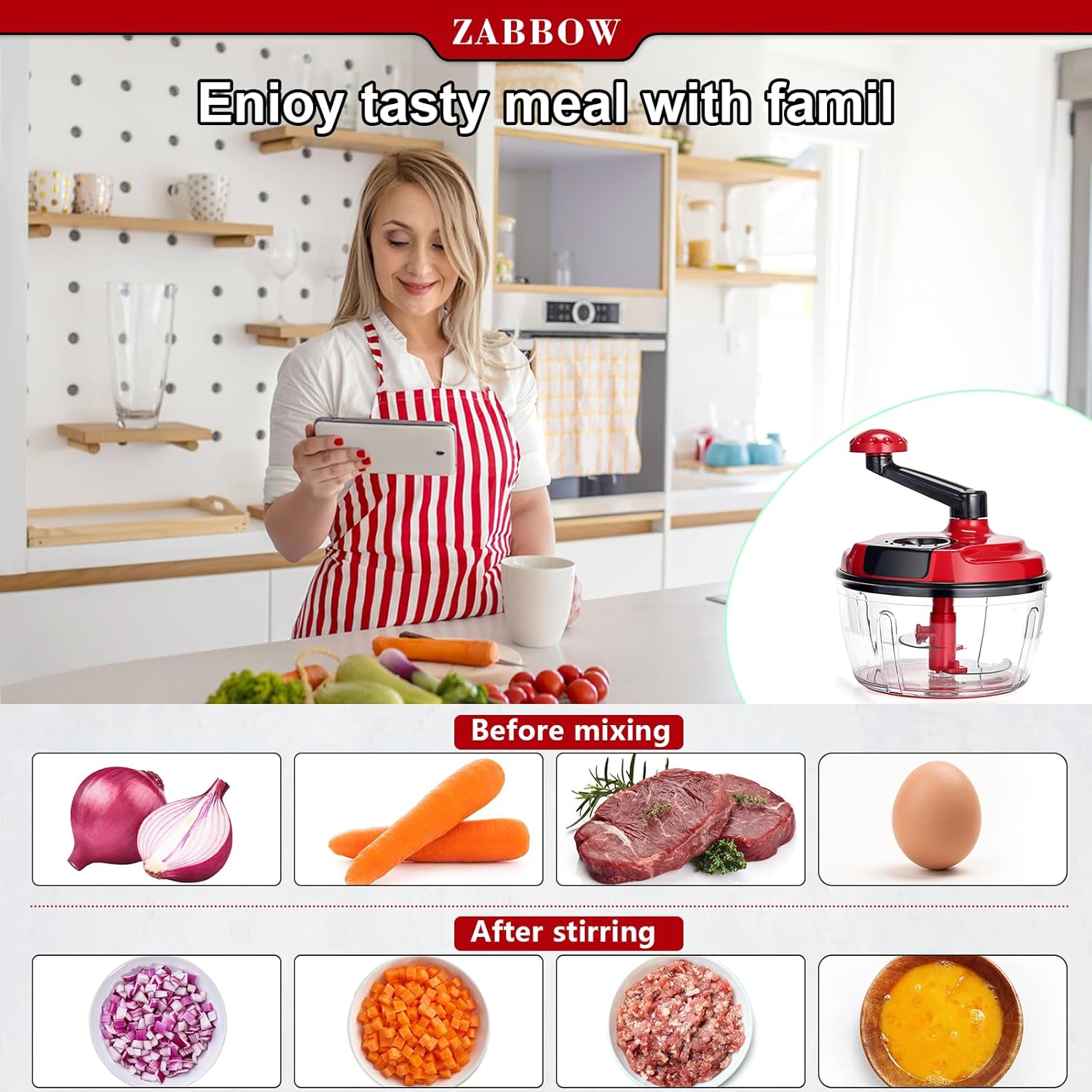 Manual Food Processor,8 Cup Hand Powered Crank Chopper,Mincer Blender with - View 4