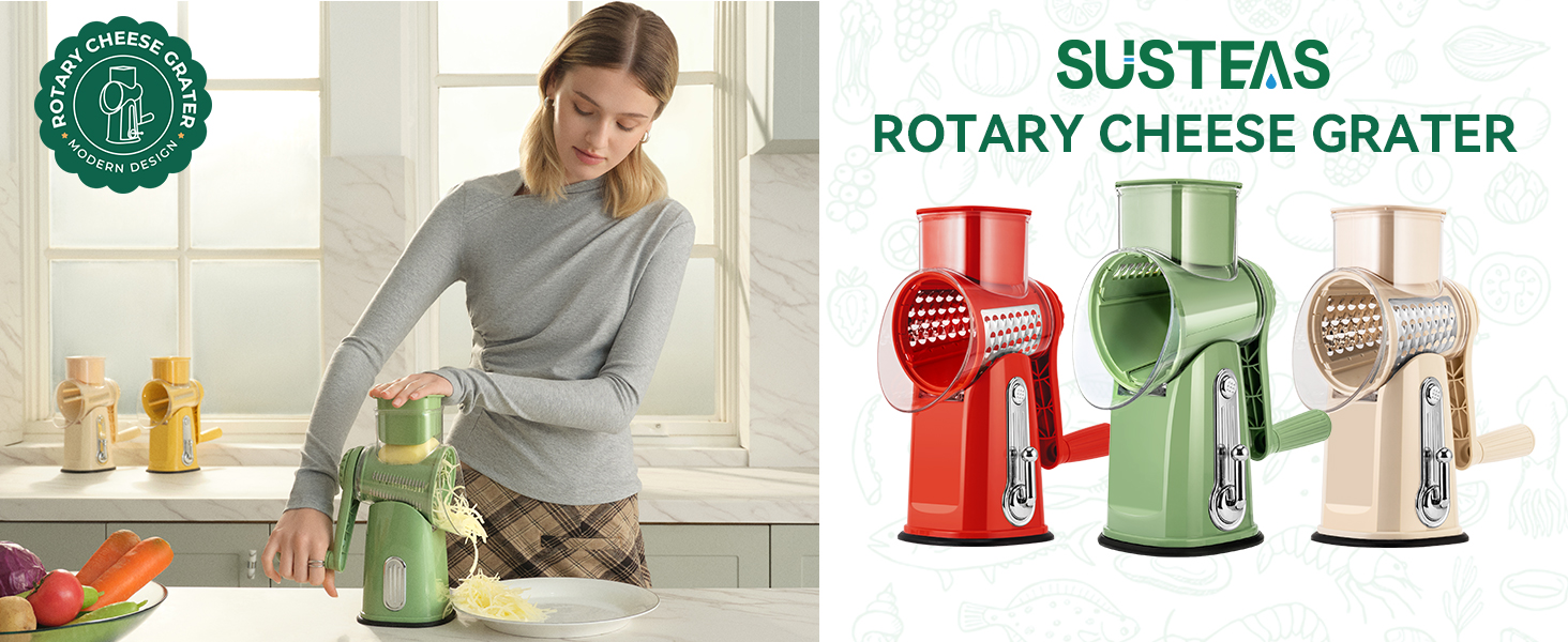 SUSTEAS Rotary Cheese Grater with Handle - Vegetable Shredder with 5 Well-designed Blades & Strong Suction Base,Round Mandoline Slicer & Food Chopper for Kitchen,with Blade Storage Box(Retro Green) detail 1