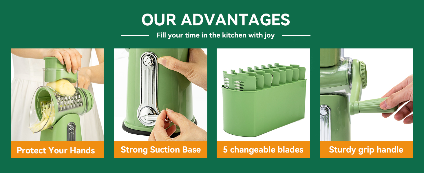 SUSTEAS Rotary Cheese Grater with Handle - Vegetable Shredder with 5 Well-designed Blades & Strong Suction Base,Round Mandoline Slicer & Food Chopper for Kitchen,with Blade Storage Box(Retro Green) detail 2
