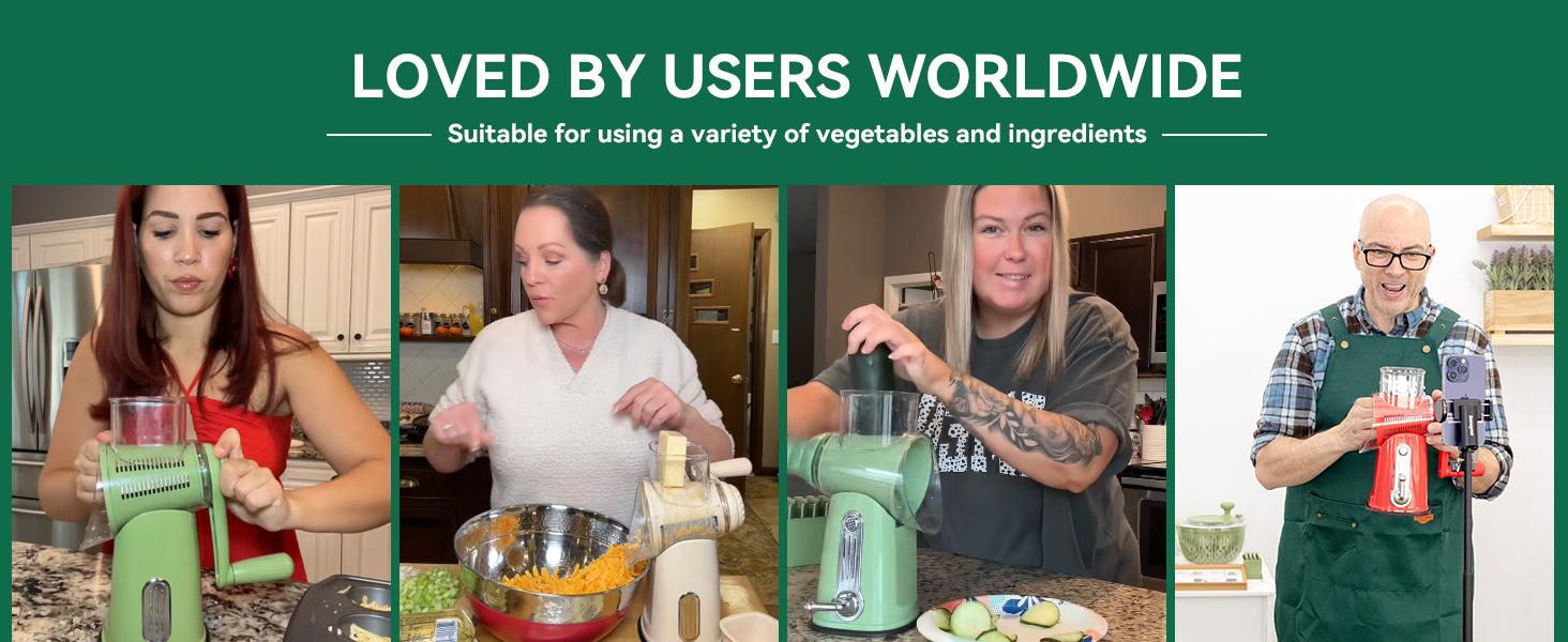 SUSTEAS Rotary Cheese Grater with Handle - Vegetable Shredder with 5 Well-designed Blades & Strong Suction Base,Round Mandoline Slicer & Food Chopper for Kitchen,with Blade Storage Box(Retro Green) detail 13