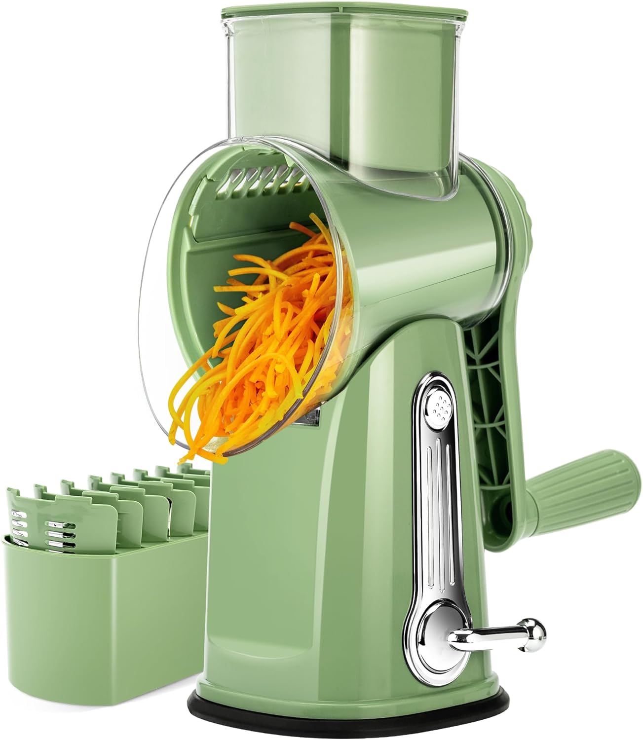 SUSTEAS Rotary Cheese Grater with Handle - Vegetable Shredder with 5 Well-designed Blades & Strong Suction Base,Round Mandoline Slicer & Food Chopper for Kitchen,with Blade Storage Box(Retro Green) detail 15