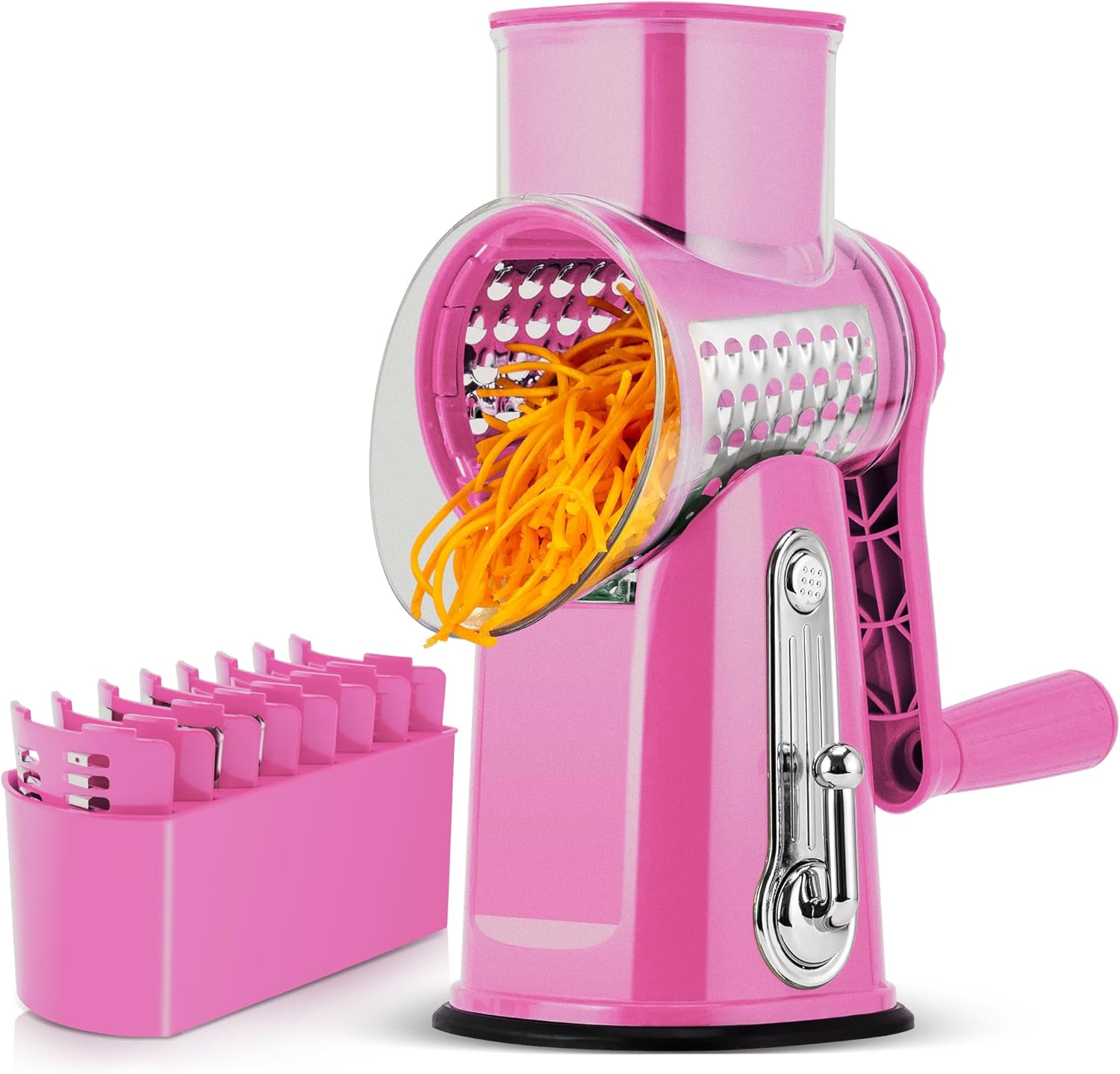 SUSTEAS Rotary Cheese Grater with Handle - Vegetable Shredder with 5 Well-designed Blades & Strong Suction Base,Round Mandoline Slicer & Food Chopper for Kitchen,with Blade Storage Box(Retro Green) detail 18