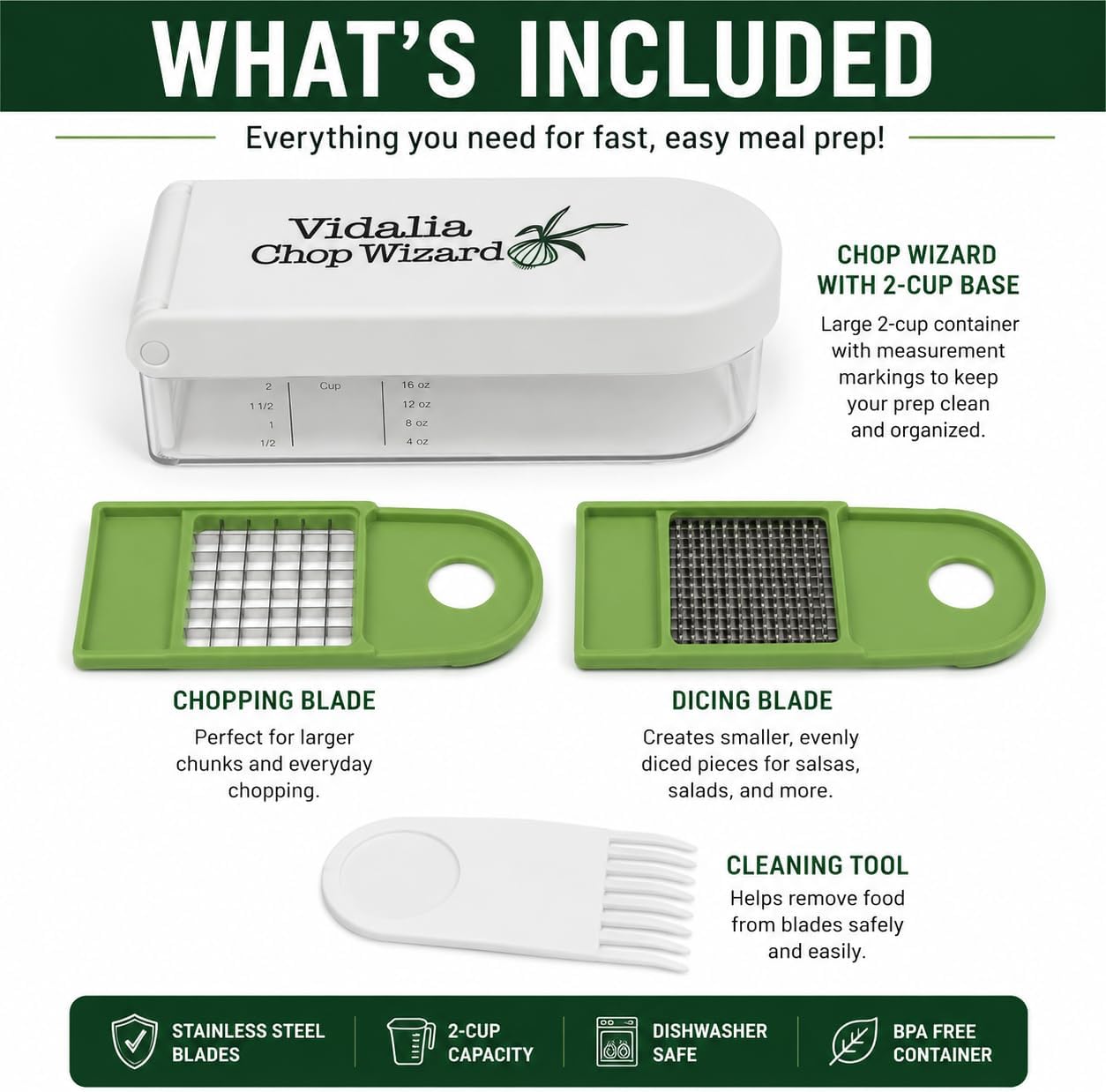 Vidalia Chop Wizard Vegetable Chopper - Original As Seen On TV Food Dicer with 2 Stainless Steel Blades, Large 2-Cup Container, Cleaning Tool, Dishwasher Safe Onion & Vegetable and Fruit Cutter detail 5