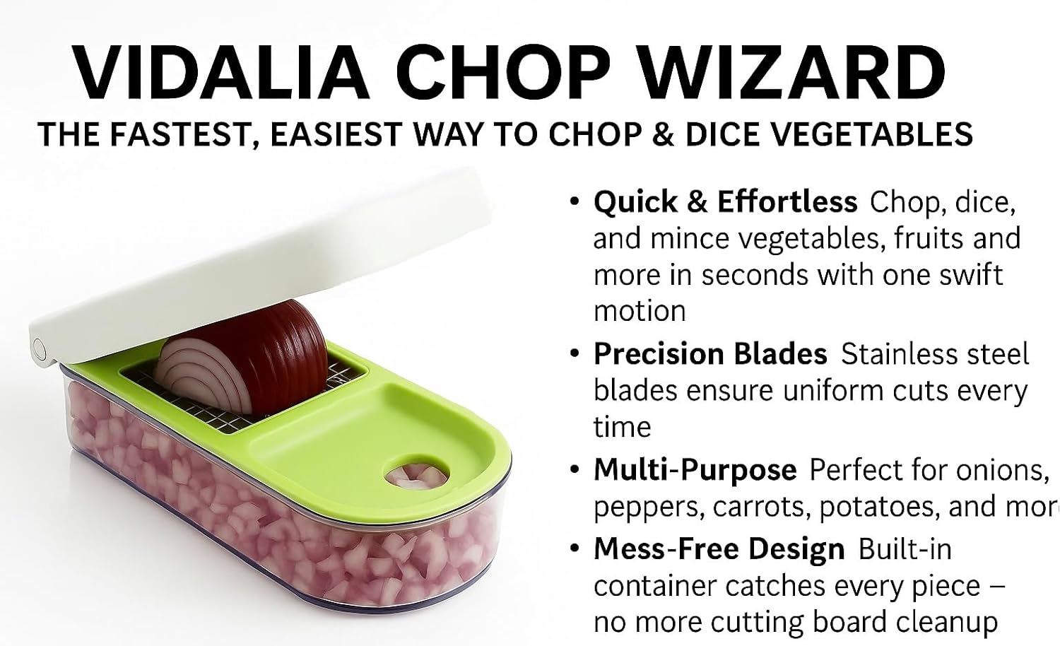 Vidalia Chop Wizard Vegetable Chopper - Original As Seen On TV Food Dicer with 2 Stainless Steel Blades, Large 2-Cup Container, Cleaning Tool, Dishwasher Safe Onion & Vegetable and Fruit Cutter detail 7