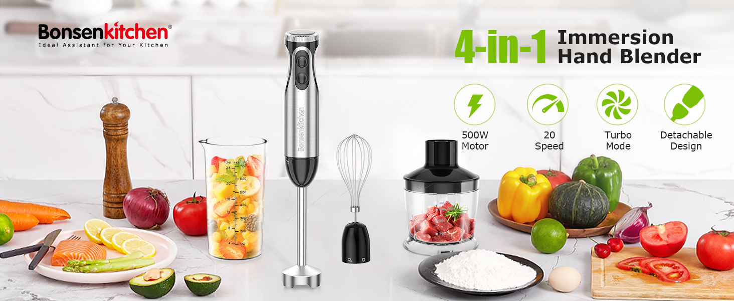 Bonsenkitchen Immersion Blender Handheld with Food Processor, 20 Speeds Hand Blender with Turbo Mode, Stainless Steel Blade, Egg Whisk, Beaker & Chopper Bowl, Hand Mixer for Smoothie, Soup, Baby Food detail 1