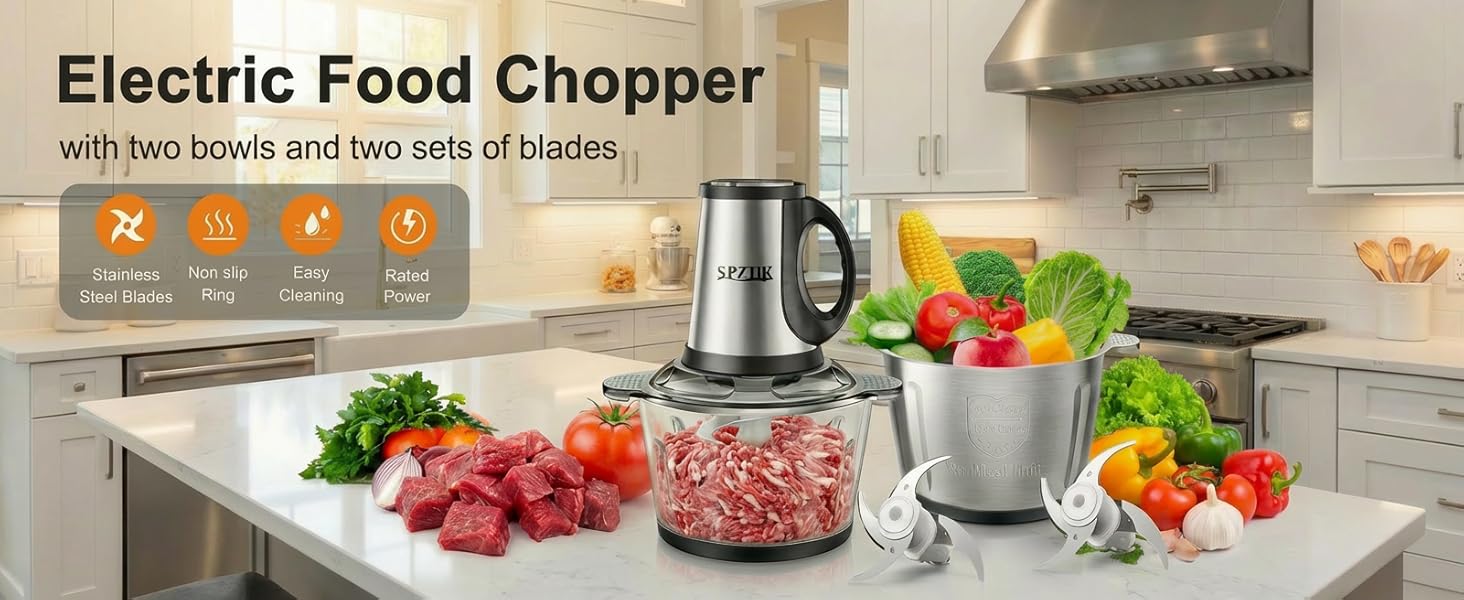 SPZTJK 3-Speed Electric Food Processor: Meat Grinder, Vegetable Chopper & Baby Food Maker - 300W, 2 Bowls (8 Cup Stainless Steel+8 Cup Glass), Quiet Operation detail 1