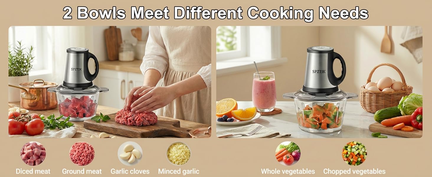 SPZTJK 3-Speed Electric Food Processor: Meat Grinder, Vegetable Chopper & Baby Food Maker - 300W, 2 Bowls (8 Cup Stainless Steel+8 Cup Glass), Quiet Operation detail 2