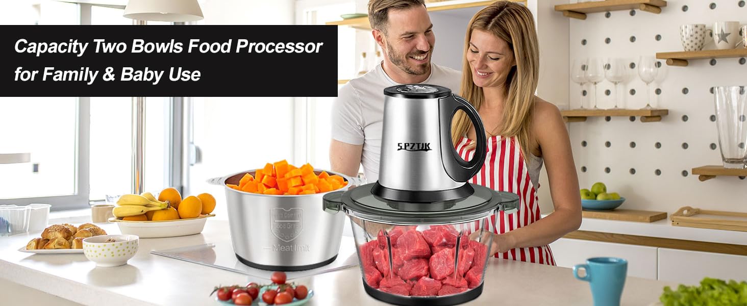 SPZTJK 3-Speed Electric Food Processor: Meat Grinder, Vegetable Chopper & Baby Food Maker - 300W, 2 Bowls (8 Cup Stainless Steel+8 Cup Glass), Quiet Operation detail 5