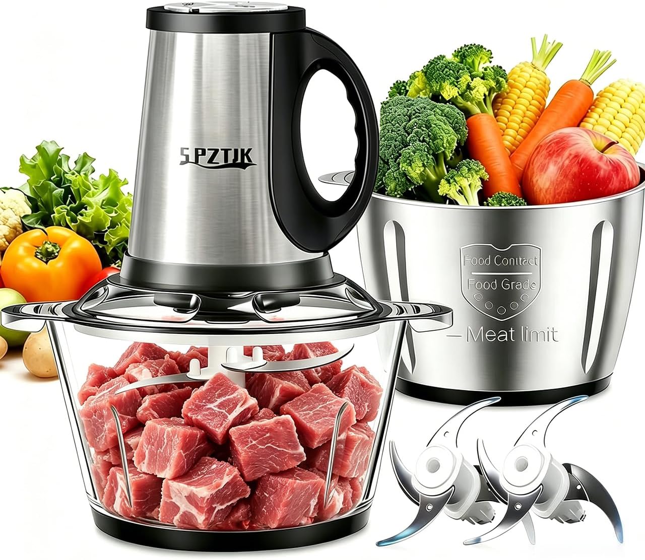 SPZTJK 3-Speed Electric Food Processor: Meat Grinder, Vegetable Chopper & Baby Food Maker - 300W, 2 Bowls (8 Cup Stainless Steel+8 Cup Glass), Quiet Operation detail 7