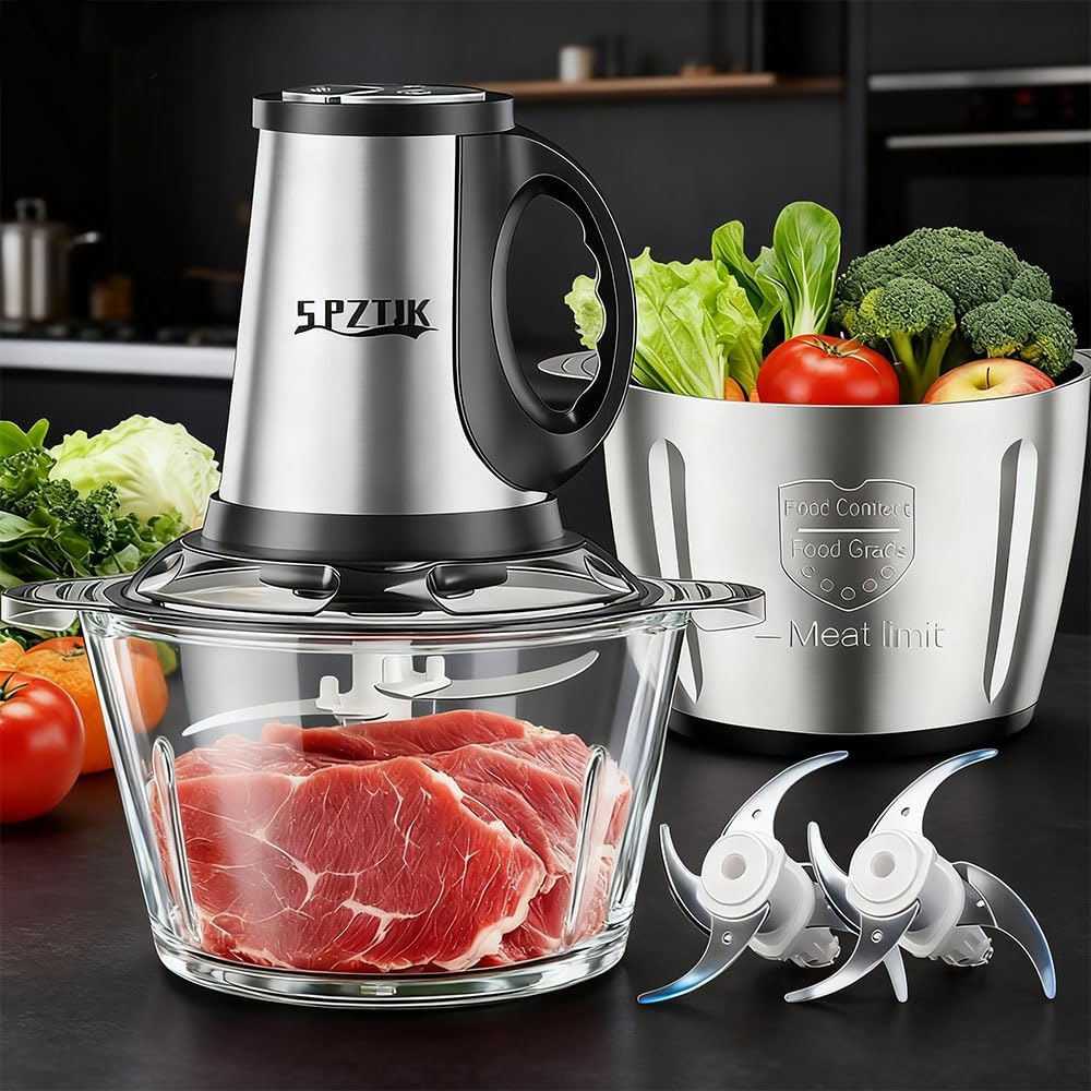 SPZTJK 3-Speed Electric Food Processor: Meat Grinder, Vegetable Chopper & Baby Food Maker - 300W, 2 Bowls (8 Cup Stainless Steel+8 Cup Glass), Quiet Operation detail 8