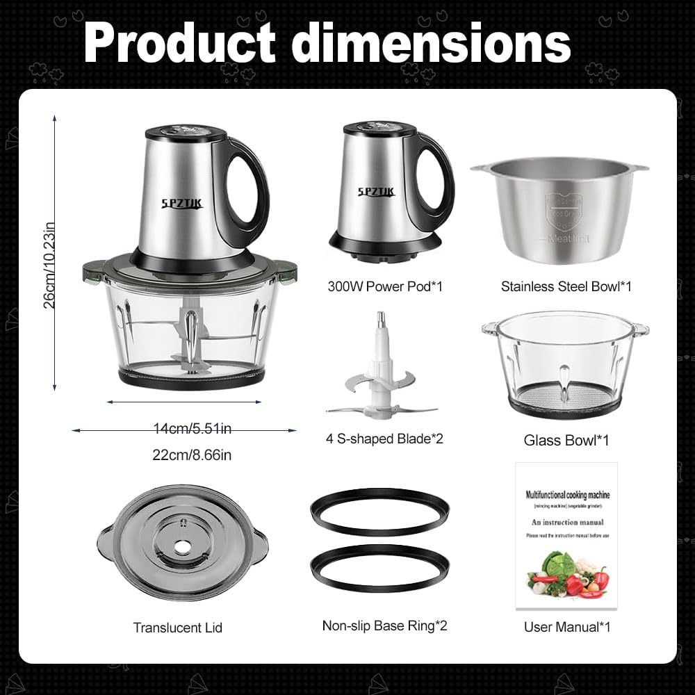 SPZTJK 3-Speed Electric Food Processor: Meat Grinder, Vegetable Chopper & Baby Food Maker - 300W, 2 Bowls (8 Cup Stainless Steel+8 Cup Glass), Quiet Operation detail 9