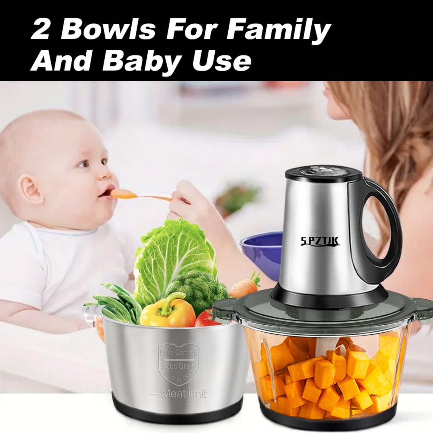 SPZTJK 3-Speed Electric Food Processor: Meat Grinder, Vegetable Chopper & Baby Food Maker - 300W, 2 Bowls (8 Cup Stainless Steel+8 Cup Glass), Quiet Operation detail 13