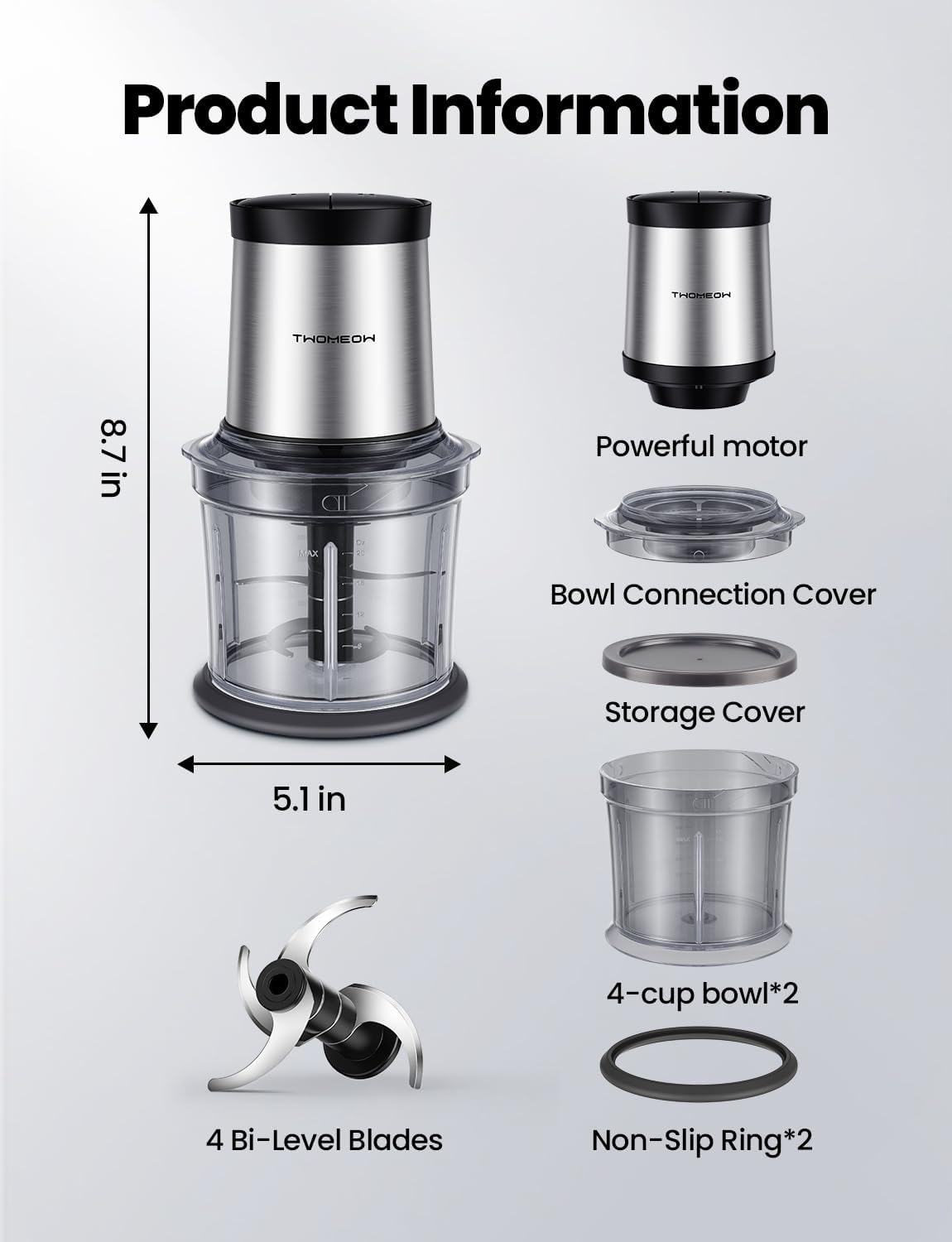 Food Processor 4 Cup, Electric Food Chopper, Small but PowerfulMeat Grinder with 2 Bowls, 2 Speed & 4 Blades for Vegetable, Meat, Nuts, Functions for Chopping, Dicing, Mixing and Puree detail 18