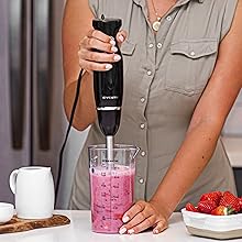 OVENTE Immersion Hand Blender Set, 300W Electric Handheld Stick Mixer, 2 Mixing Speeds with Stainless Steel Blades, Egg Whisk, Beaker & BPA-Free Food Chopper, Black HS565B detail 2