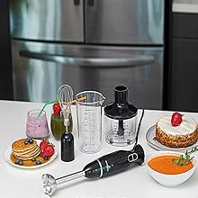 OVENTE Immersion Hand Blender Set, 300W Electric Handheld Stick Mixer, 2 Mixing Speeds with Stainless Steel Blades, Egg Whisk, Beaker & BPA-Free Food Chopper, Black HS565B detail 3