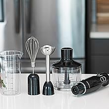 OVENTE Immersion Hand Blender Set, 300W Electric Handheld Stick Mixer, 2 Mixing Speeds with Stainless Steel Blades, Egg Whisk, Beaker & BPA-Free Food Chopper, Black HS565B detail 5