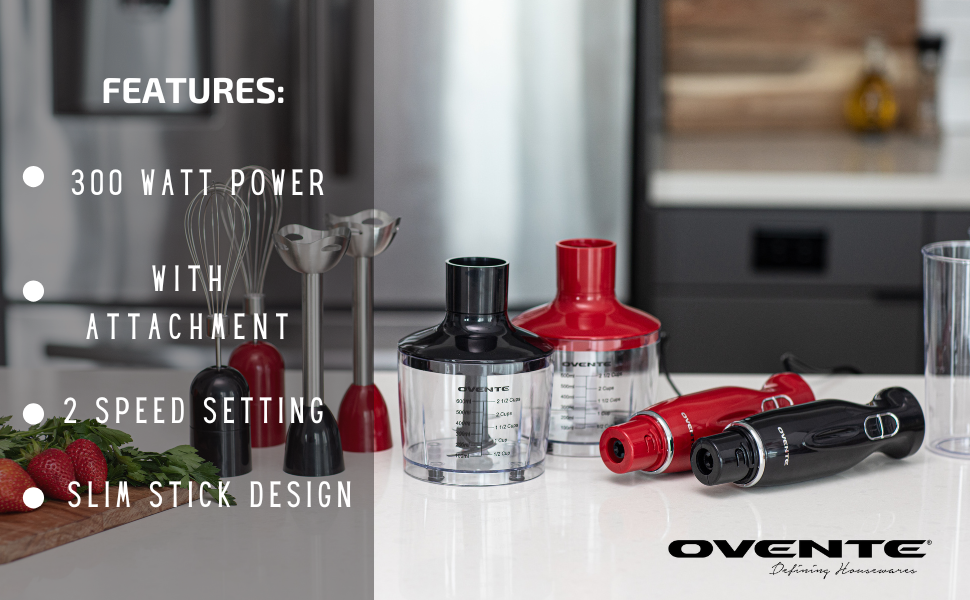 OVENTE Immersion Hand Blender Set, 300W Electric Handheld Stick Mixer, 2 Mixing Speeds with Stainless Steel Blades, Egg Whisk, Beaker & BPA-Free Food Chopper, Black HS565B detail 6