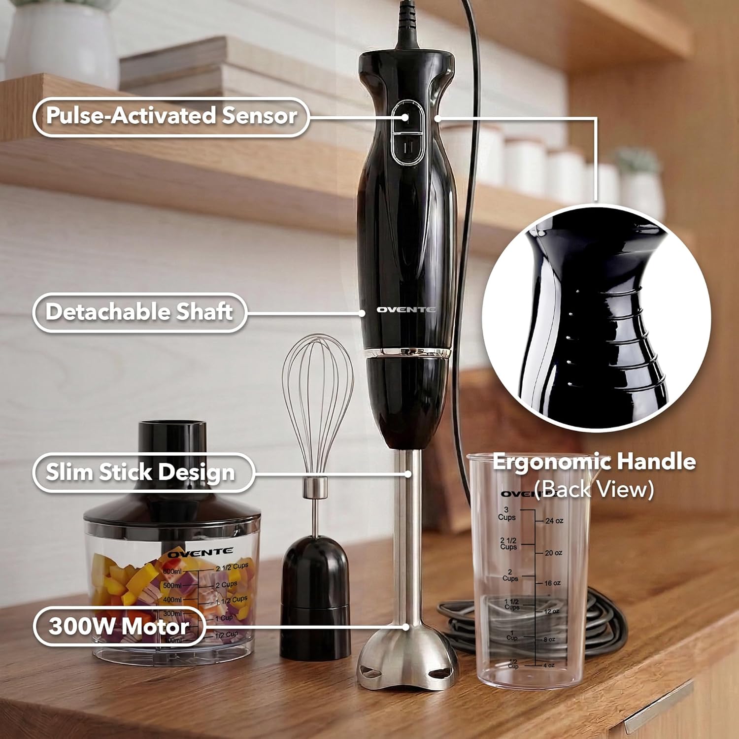 OVENTE Immersion Hand Blender Set, 300W Electric Handheld Stick Mixer, 2 Mixing Speeds with Stainless Steel Blades, Egg Whisk, Beaker & BPA-Free Food Chopper, Black HS565B detail 11