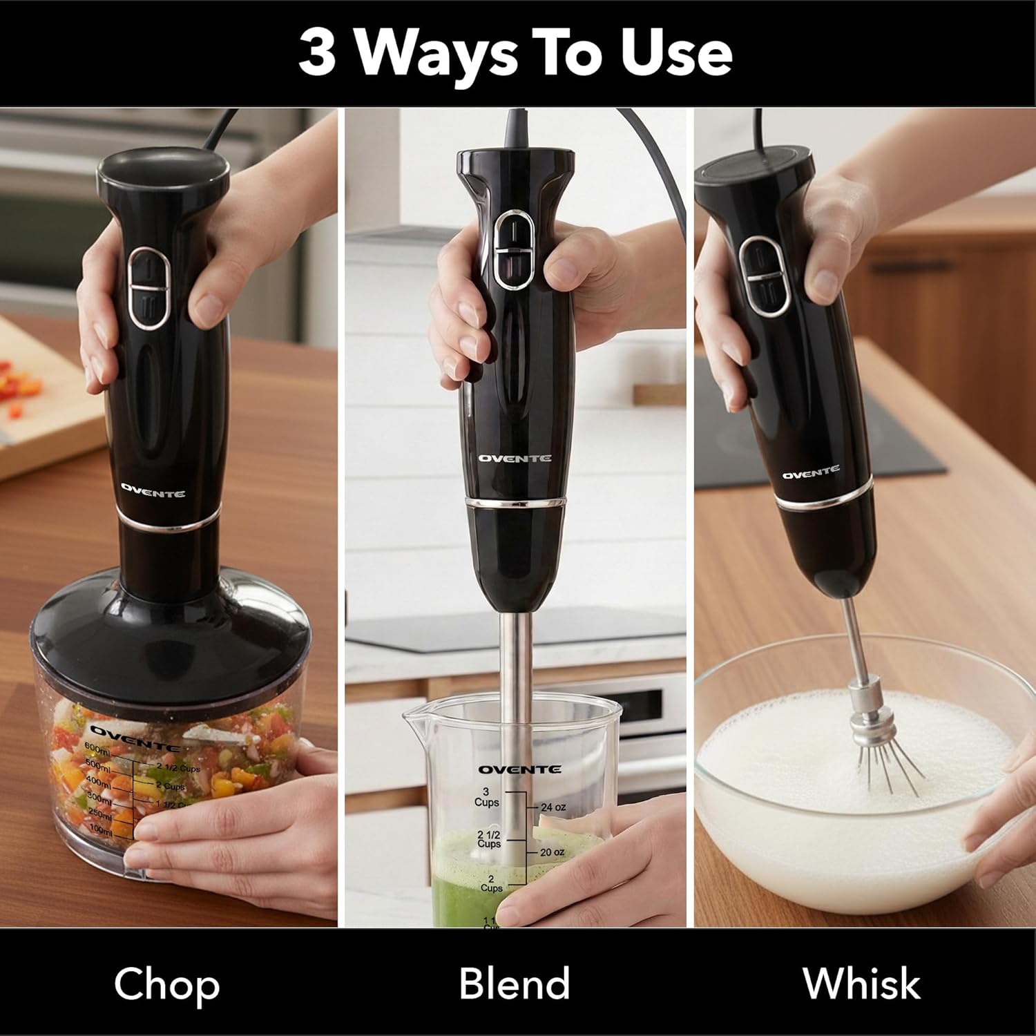 OVENTE Immersion Hand Blender Set, 300W Electric Handheld Stick Mixer, 2 Mixing Speeds with Stainless Steel Blades, Egg Whisk, Beaker & BPA-Free Food Chopper, Black HS565B detail 12