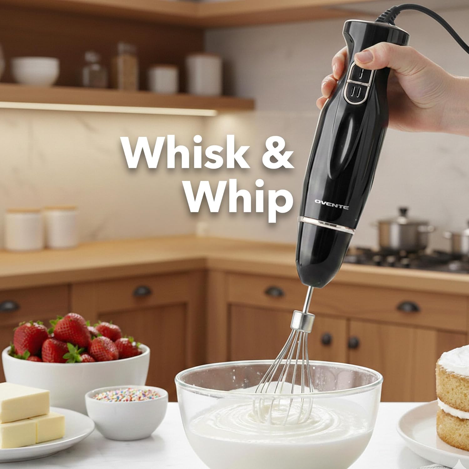 OVENTE Immersion Hand Blender Set, 300W Electric Handheld Stick Mixer, 2 Mixing Speeds with Stainless Steel Blades, Egg Whisk, Beaker & BPA-Free Food Chopper, Black HS565B detail 14