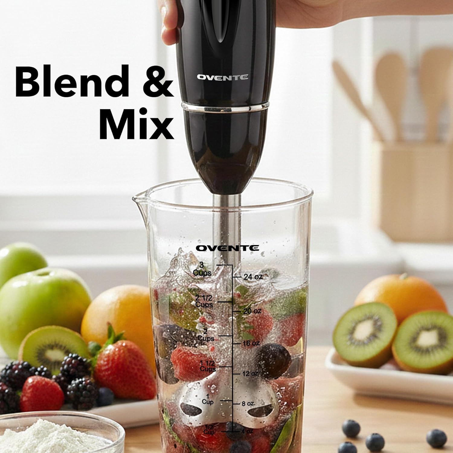 OVENTE Immersion Hand Blender Set, 300W Electric Handheld Stick Mixer, 2 Mixing Speeds with Stainless Steel Blades, Egg Whisk, Beaker & BPA-Free Food Chopper, Black HS565B detail 15