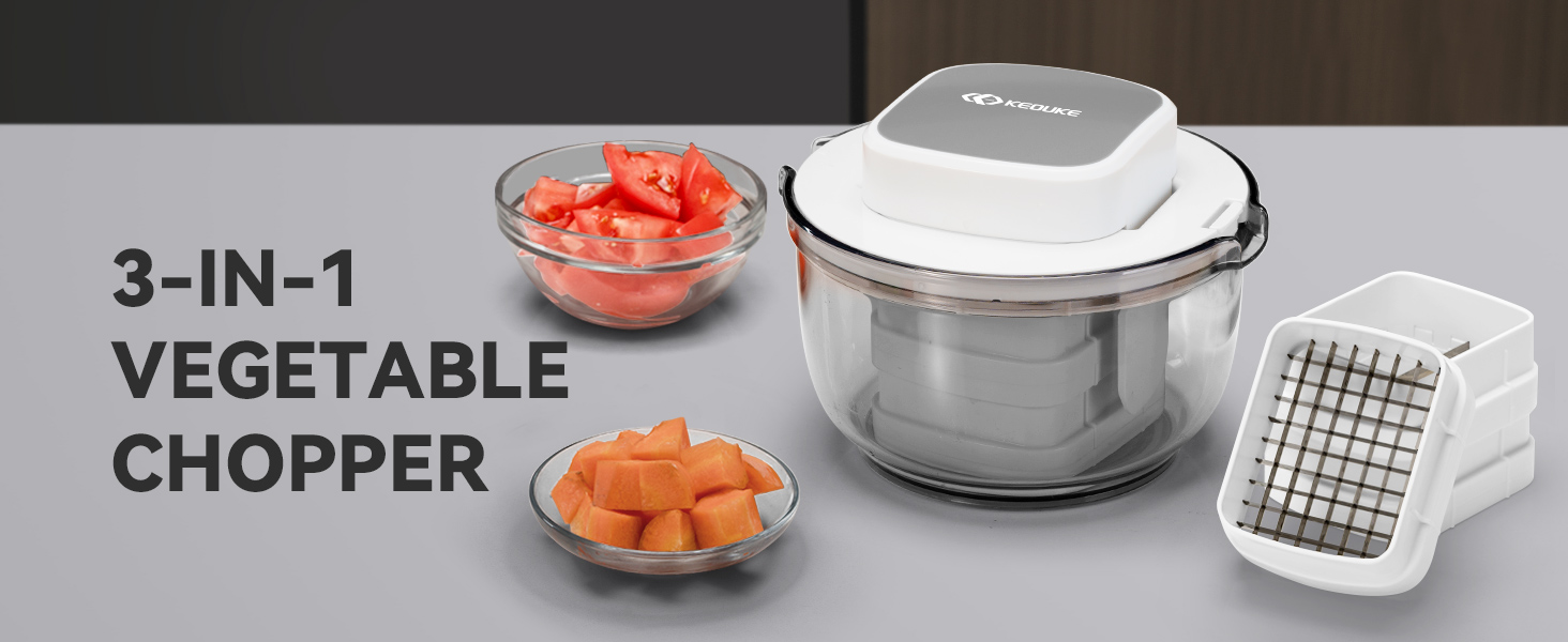 KEOUKE Multifunctional Vegetable Chopper Bowl White - 3 Interchangeable Blades Potato French Fry Cutter with Container & Storage Box Food Chopper Dicer for Cucumber, Tomato, Carrot, Onion detail 1