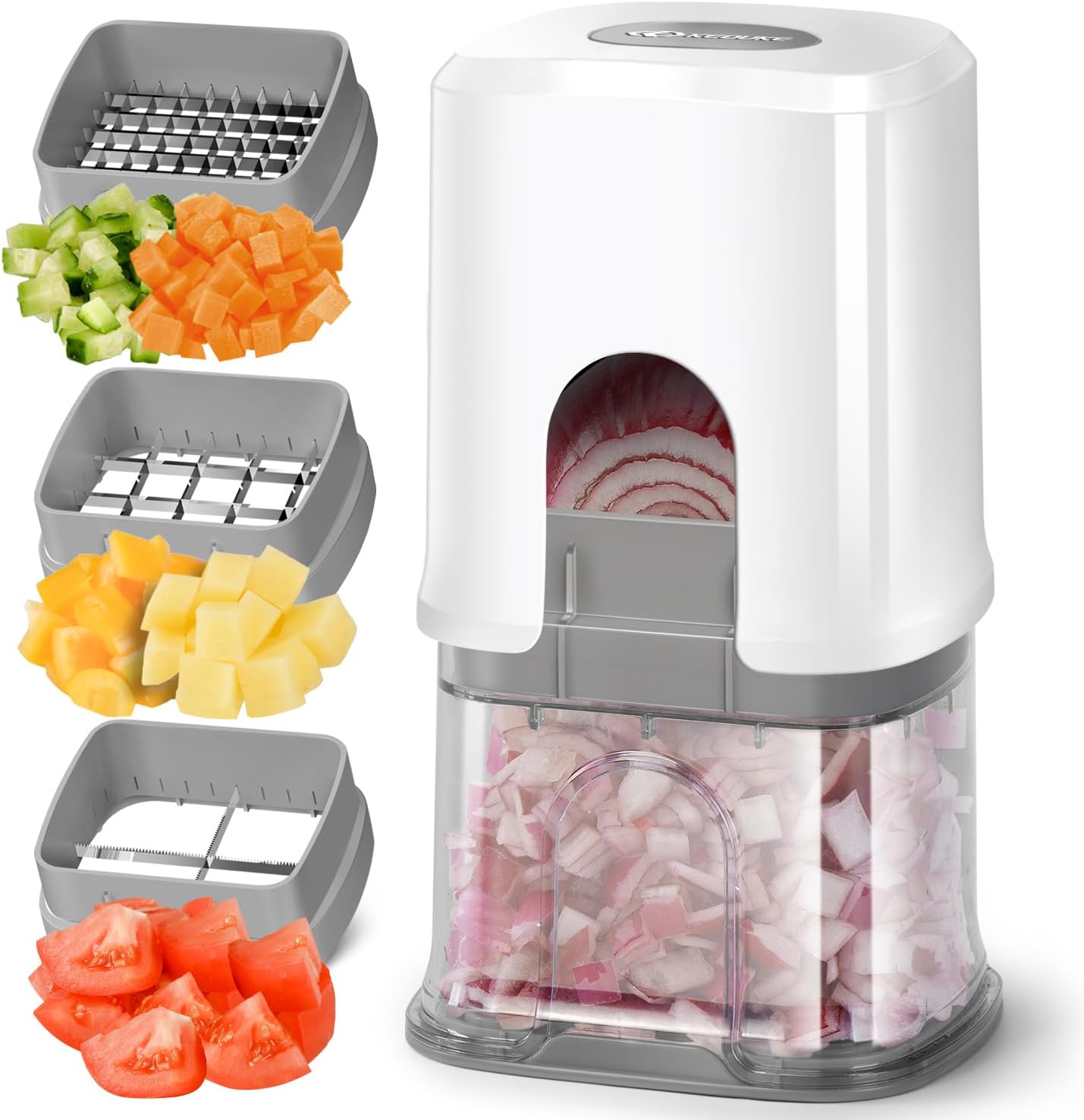 KEOUKE Multifunctional Vegetable Chopper Bowl White - 3 Interchangeable Blades Potato French Fry Cutter with Container & Storage Box Food Chopper Dicer for Cucumber, Tomato, Carrot, Onion detail 12