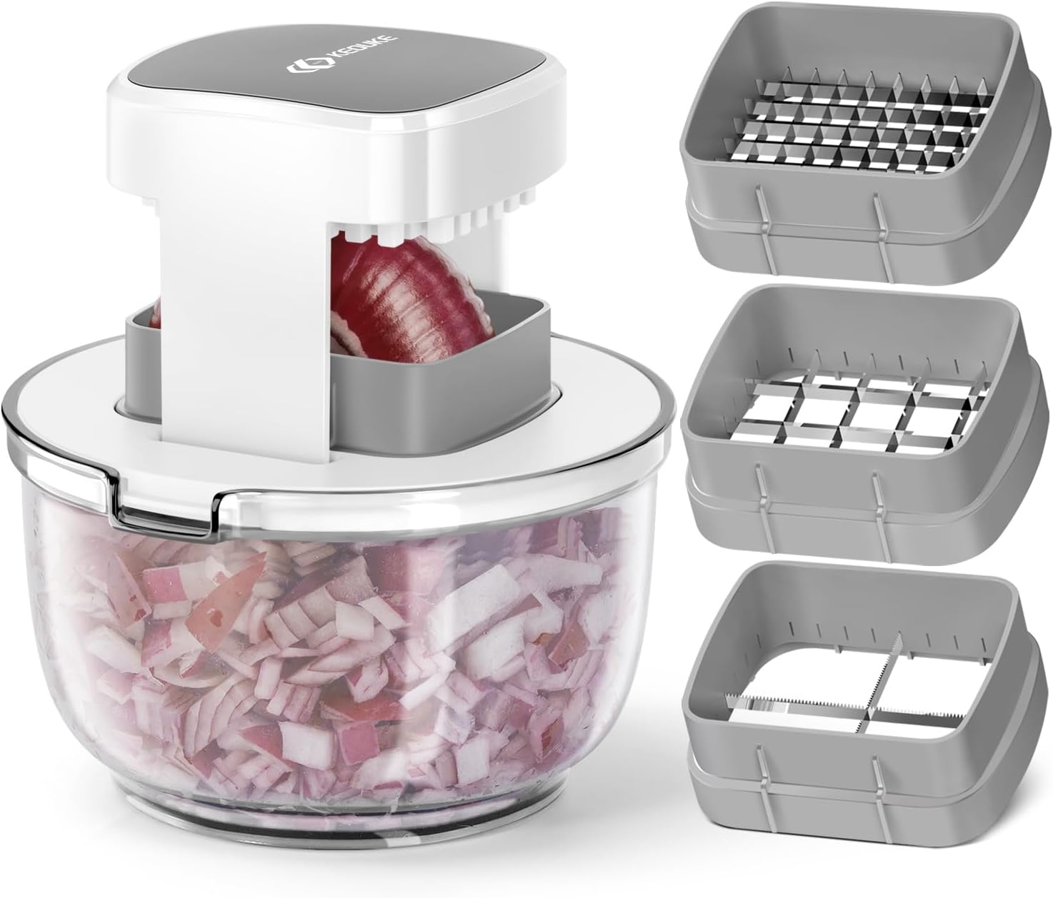 KEOUKE Multifunctional Vegetable Chopper Bowl White - 3 Interchangeable Blades Potato French Fry Cutter with Container & Storage Box Food Chopper Dicer for Cucumber, Tomato, Carrot, Onion detail 13