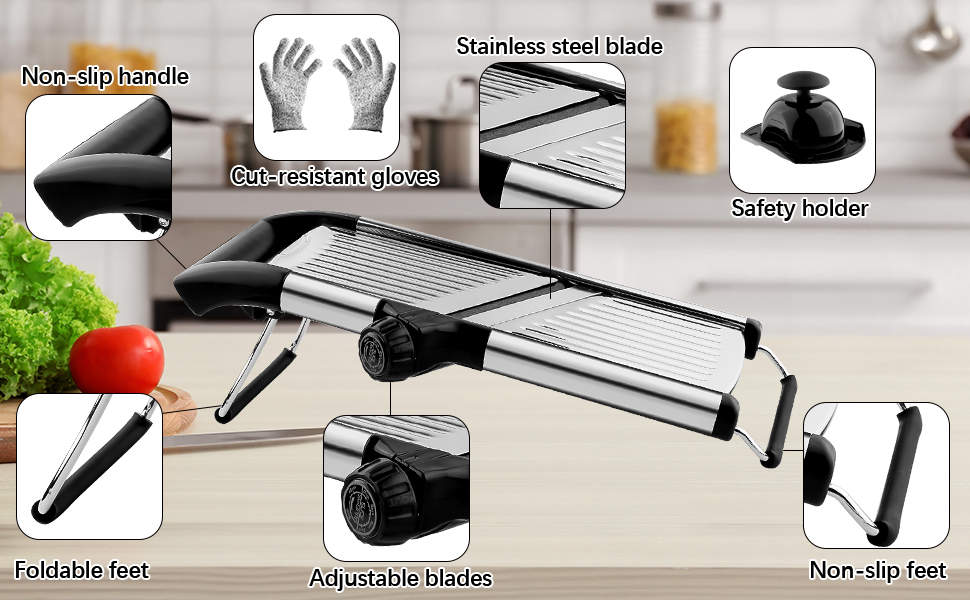 Mandoline Food Slicer, Adjustable Mandoline Slicer for Kitchen, Stainless Steel Mandolin Vegetable Chopper for Potato/Tomato/Onion, Vegetable Slicer Julienne Cutter with Cut-Resistant Gloves detail 7