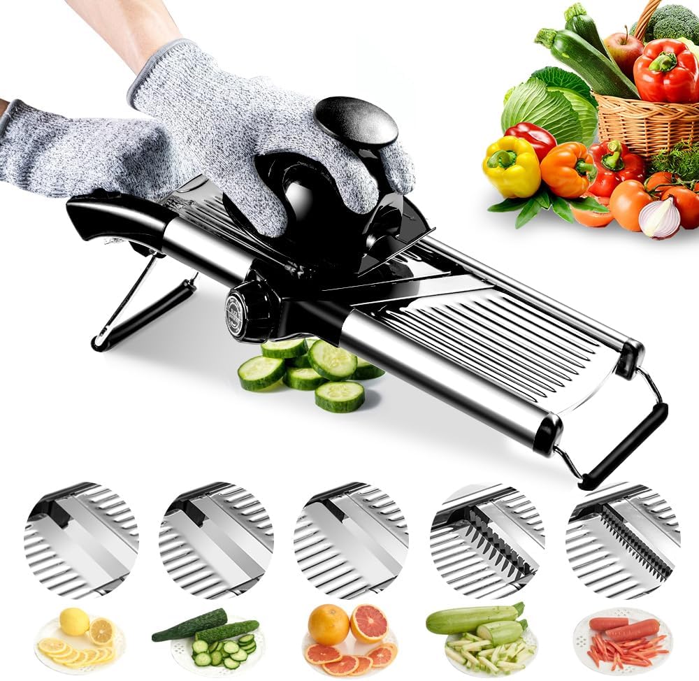 Mandoline Food Slicer, Adjustable Mandoline Slicer for Kitchen, Stainless Steel Mandolin Vegetable Chopper for Potato/Tomato/Onion, Vegetable Slicer Julienne Cutter with Cut-Resistant Gloves detail 9