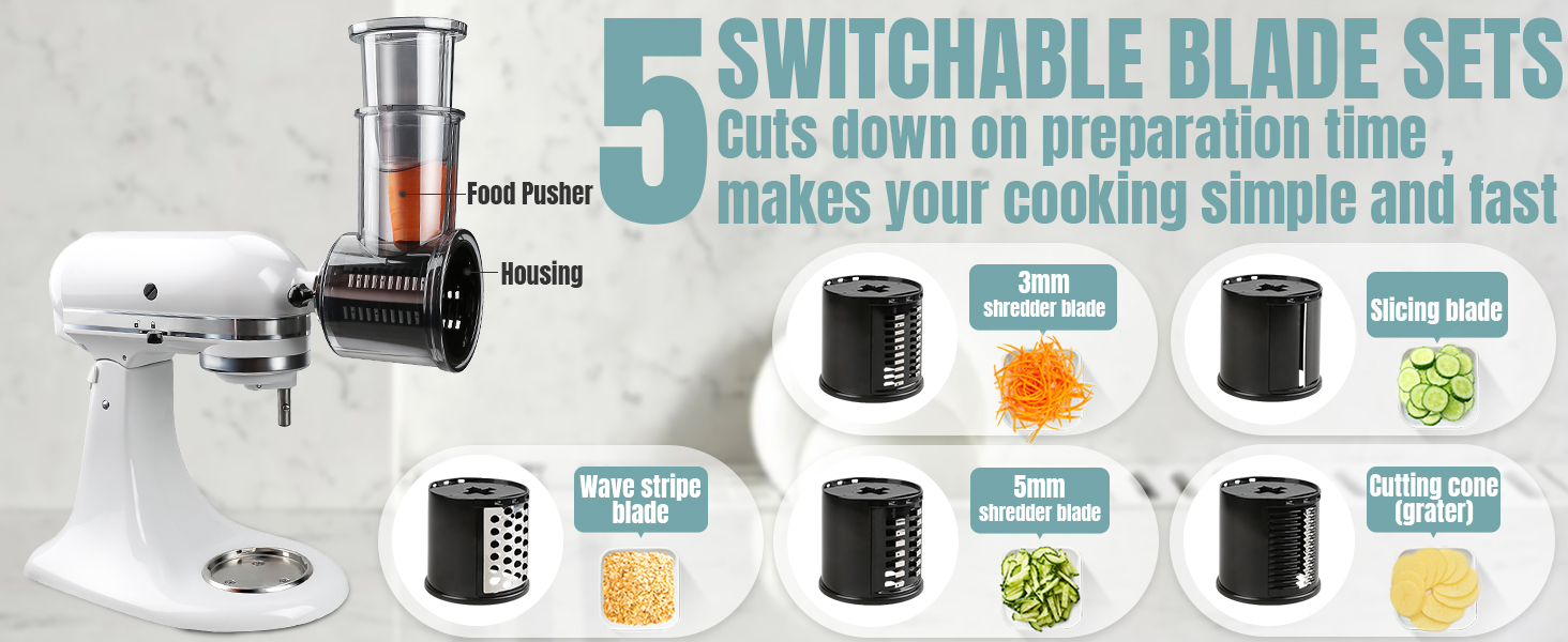 Stainless Steel Slicer Shredder Attachments for KitchenAid Stand Mixers, Vegetable Shredder, Cheese Grater, Salad Maker, Food Slicers Chopper Grinding Powder Accessories with Detachable 5 Blades detail 2