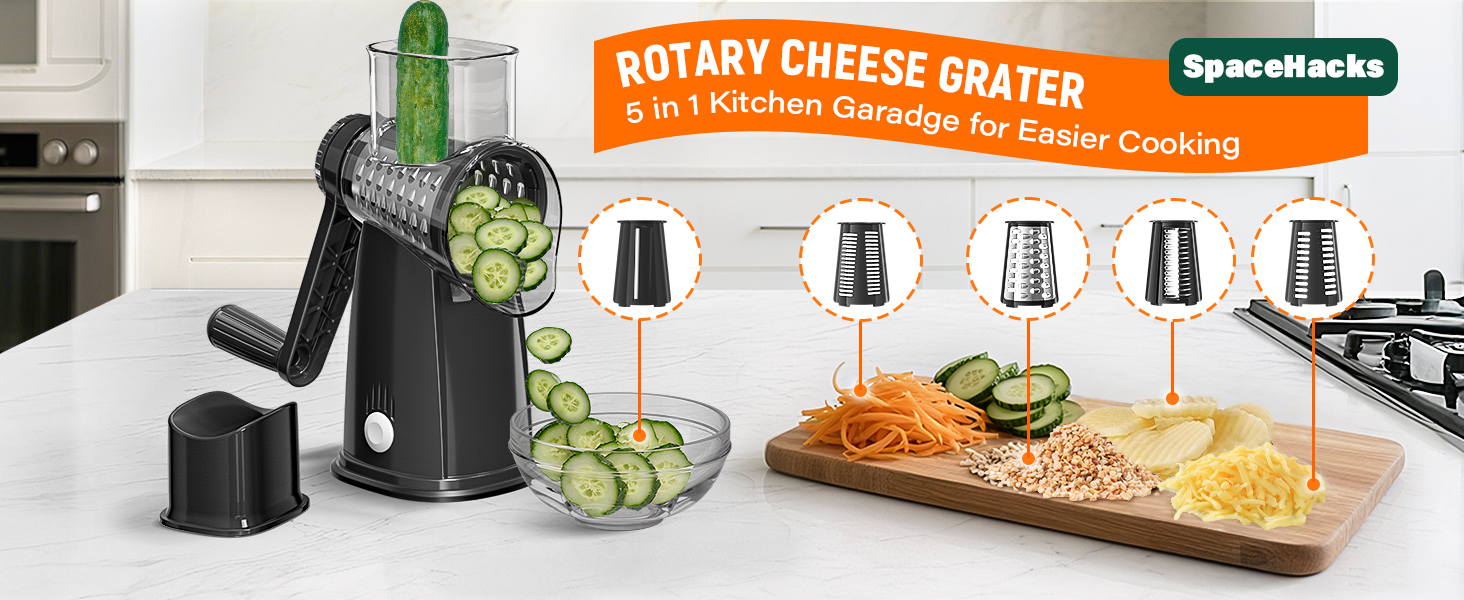 5 Blades Rotary Cheese Grater Hand Crank Vegetable Chopper Shredder Spiralizer Slicer Mandoline for Vegetable & Cheese & Fruit, Food Chopper for Kitchen with Blades Storage Box & Suction Base (Black) detail 1