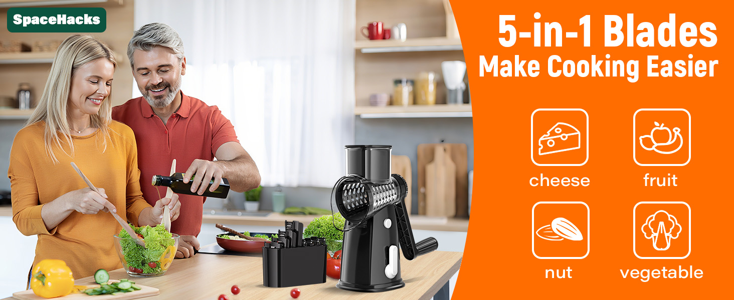 5 Blades Rotary Cheese Grater Hand Crank Vegetable Chopper Shredder Spiralizer Slicer Mandoline for Vegetable & Cheese & Fruit, Food Chopper for Kitchen with Blades Storage Box & Suction Base (Black) detail 2