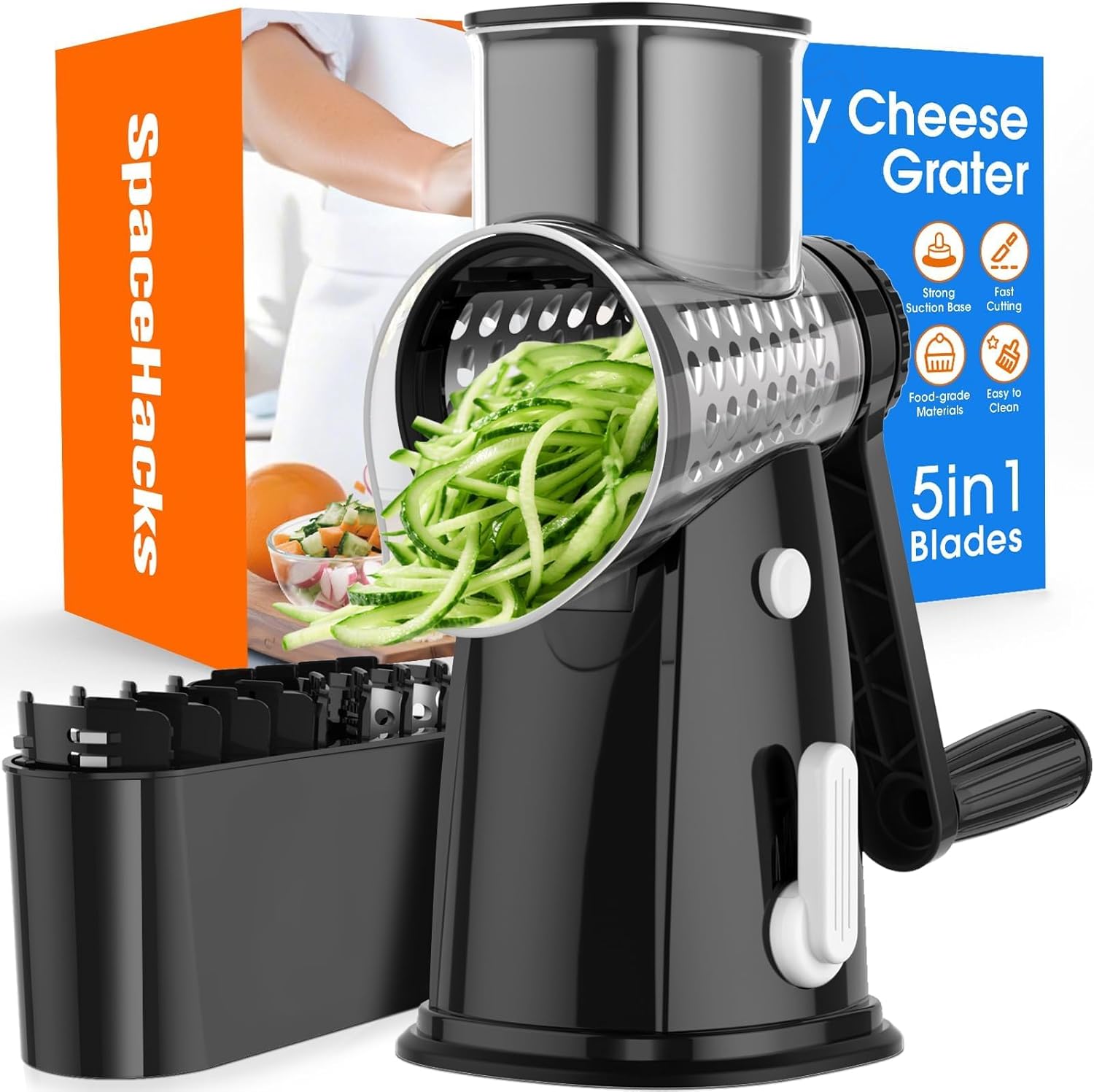 5 Blades Rotary Cheese Grater Hand Crank Vegetable Chopper Shredder Spiralizer Slicer Mandoline for Vegetable & Cheese & Fruit, Food Chopper for Kitchen with Blades Storage Box & Suction Base (Black) detail 13