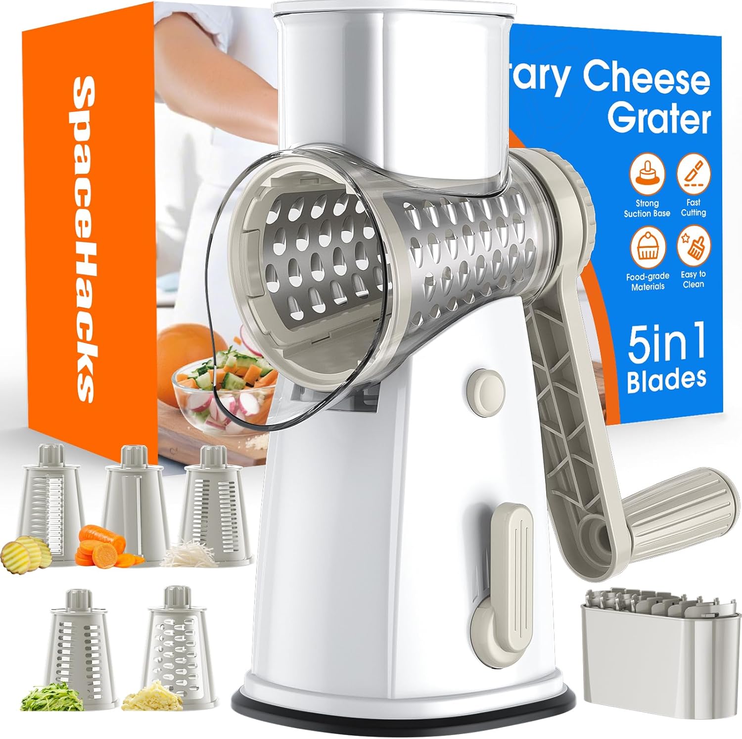 5 Blades Rotary Cheese Grater Hand Crank Vegetable Chopper Shredder Spiralizer Slicer Mandoline for Vegetable & Cheese & Fruit, Food Chopper for Kitchen with Blades Storage Box & Suction Base (Black) detail 15