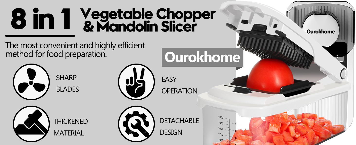 Ourokhome Food Chopper with Container, Manual Mandolin Vegetable Slicer Onion Dicer with 8 Blades, Hand Veggie Shredder for Potato, Tomato, Essential Kitchen Gadgets (8 in 1, White) detail 1