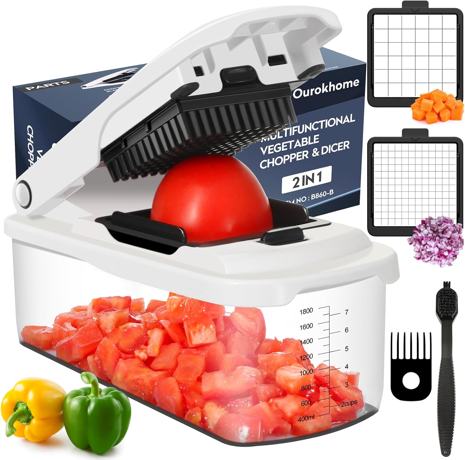 Ourokhome Food Chopper with Container, Manual Mandolin Vegetable Slicer Onion Dicer with 8 Blades, Hand Veggie Shredder for Potato, Tomato, Essential Kitchen Gadgets (8 in 1, White) detail 14