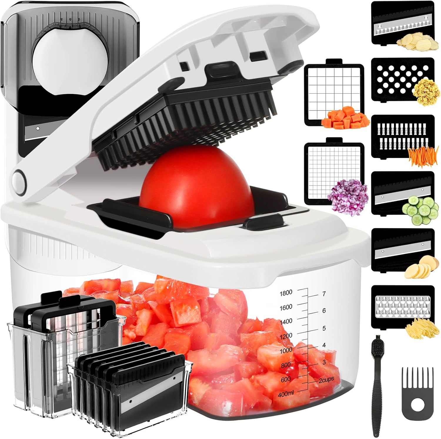 Ourokhome Food Chopper with Container, Manual Mandolin Vegetable Slicer Onion Dicer with 8 Blades, Hand Veggie Shredder for Potato, Tomato, Essential Kitchen Gadgets (8 in 1, White) detail 16