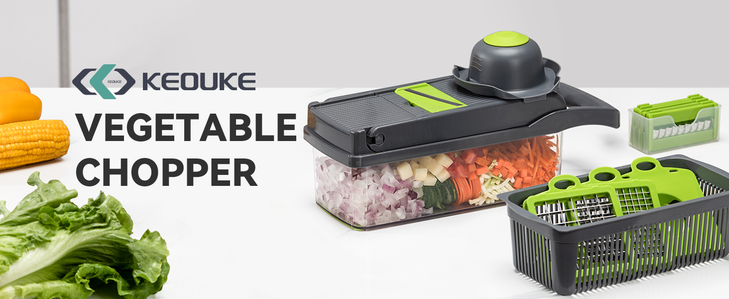 KEOUKE Vegetable Chopper Mandoline Slicer Grey - 12 in 1 Interchangeable Blades Food Chopper with Container, Hand Guard & Drainer, Veggie Dicer Kitchen Gadget for Onion, Cucumber, Tomato, Fruit detail 1