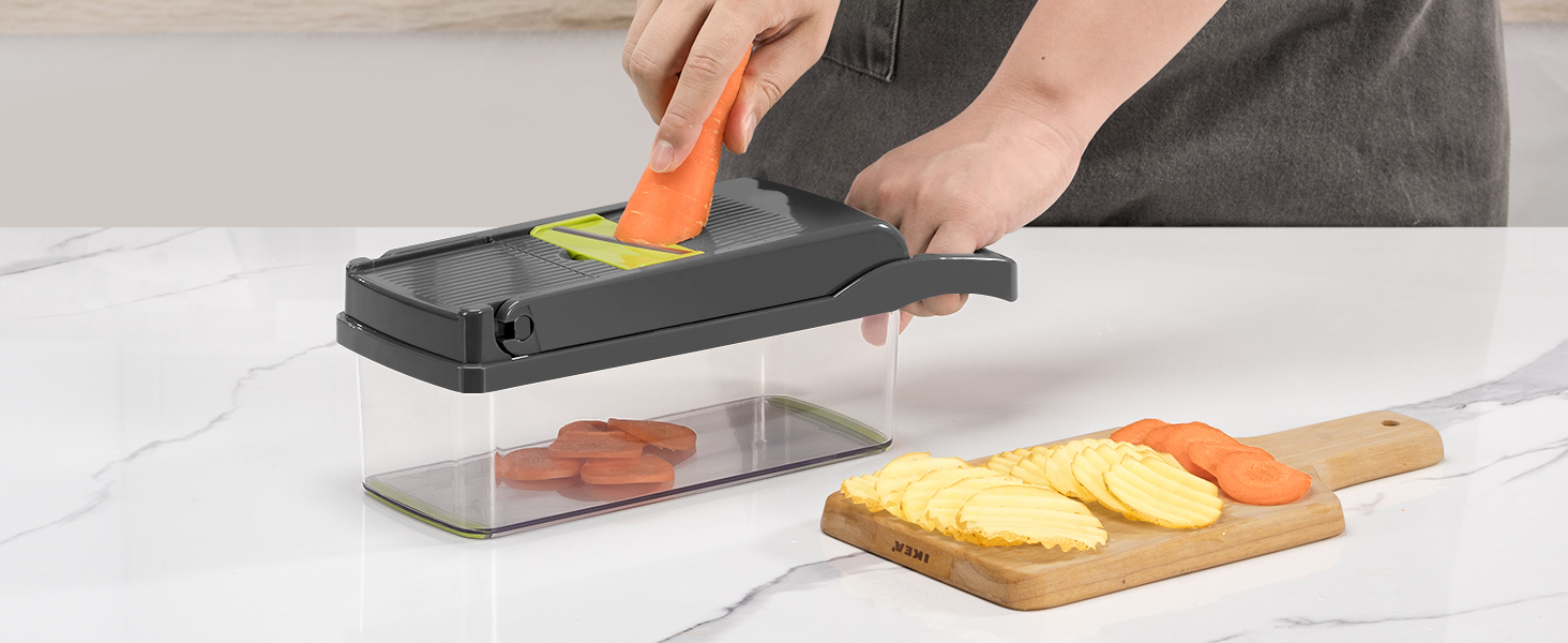 KEOUKE Vegetable Chopper Mandoline Slicer Grey - 12 in 1 Interchangeable Blades Food Chopper with Container, Hand Guard & Drainer, Veggie Dicer Kitchen Gadget for Onion, Cucumber, Tomato, Fruit detail 6