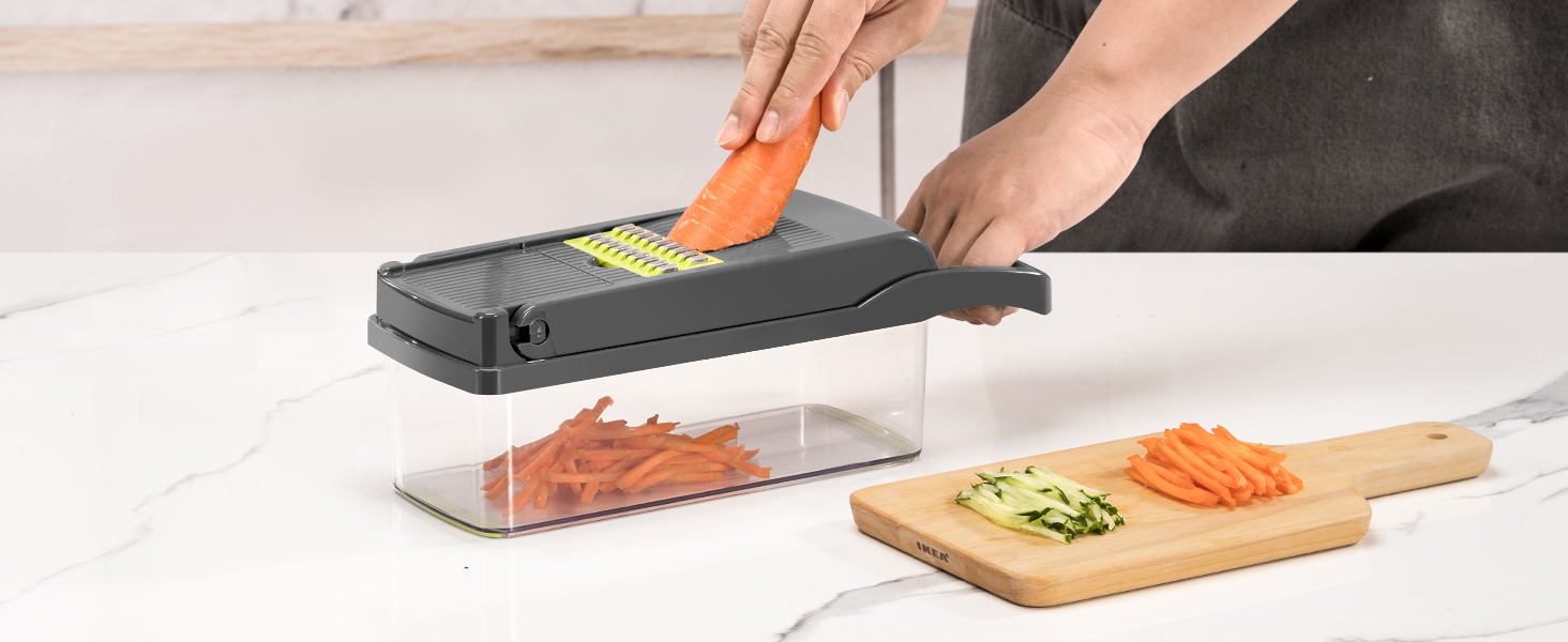 KEOUKE Vegetable Chopper Mandoline Slicer Grey - 12 in 1 Interchangeable Blades Food Chopper with Container, Hand Guard & Drainer, Veggie Dicer Kitchen Gadget for Onion, Cucumber, Tomato, Fruit detail 7