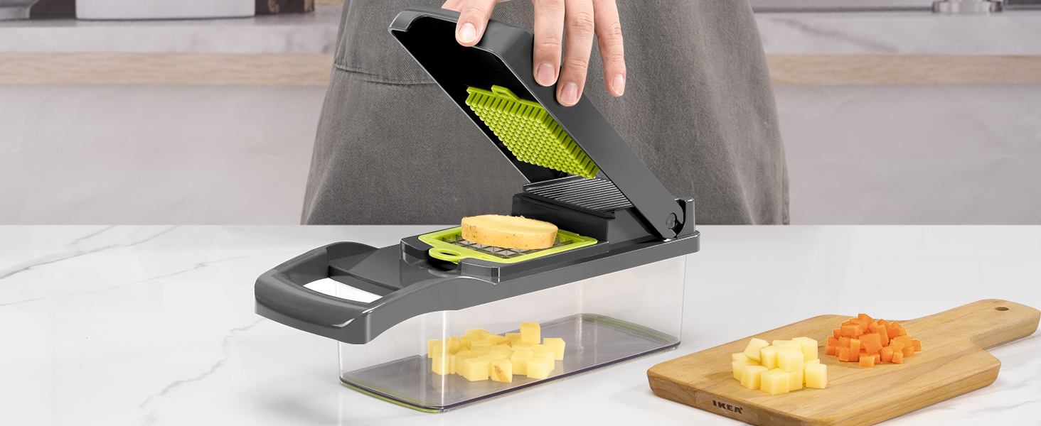 KEOUKE Vegetable Chopper Mandoline Slicer Grey - 12 in 1 Interchangeable Blades Food Chopper with Container, Hand Guard & Drainer, Veggie Dicer Kitchen Gadget for Onion, Cucumber, Tomato, Fruit detail 8